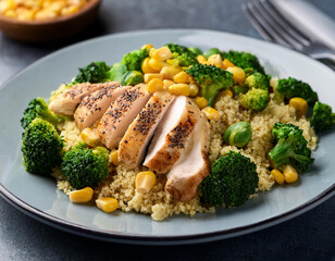 Chicken breast on a bed of vegetable rice on a checked tablecloth.