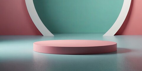 A pink and green stage with a white wall