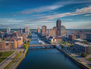 Fototapeta premium Aerial view of cityscape in Rochester, NY. City riverfront with modern bridge flows into water. Building skyline with diverse architectural styles. Cityscape with river, bridge, and buildings.
