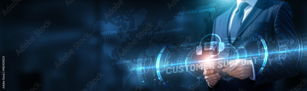 Poster businessman using tablet on global network connection on customer support and development with real-