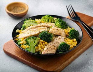 Chicken breast on a bed of vegetable rice on a checked tablecloth.