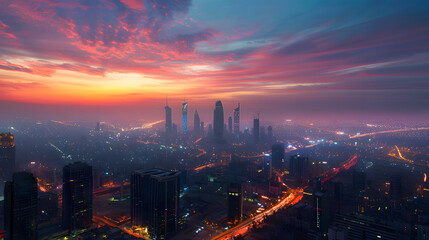 Fototapeta premium During the blue hour, the KAFD buildings in Riyadh, Saudi Arabia, stand out