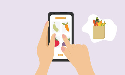 Buying Fresh grocery online through smart phone. Add to cart and wish list online.flat vector illustration.