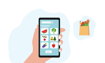 Buying Fresh grocery online through smart phone. Add to cart and wish list online.flat vector illustration.