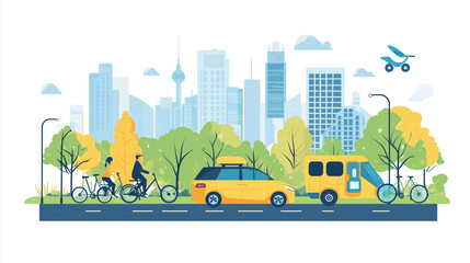 Electric transport, rental, sharing service on mobile phone. Eco sustainable vehicle on city street, car, bicycles. Green infrastructure concept. Flat vector illustration isolated on white background 