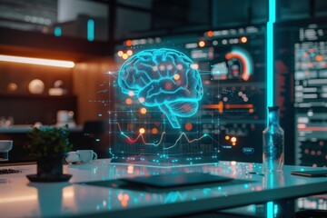 A computer monitor displays a brain with a blue glow