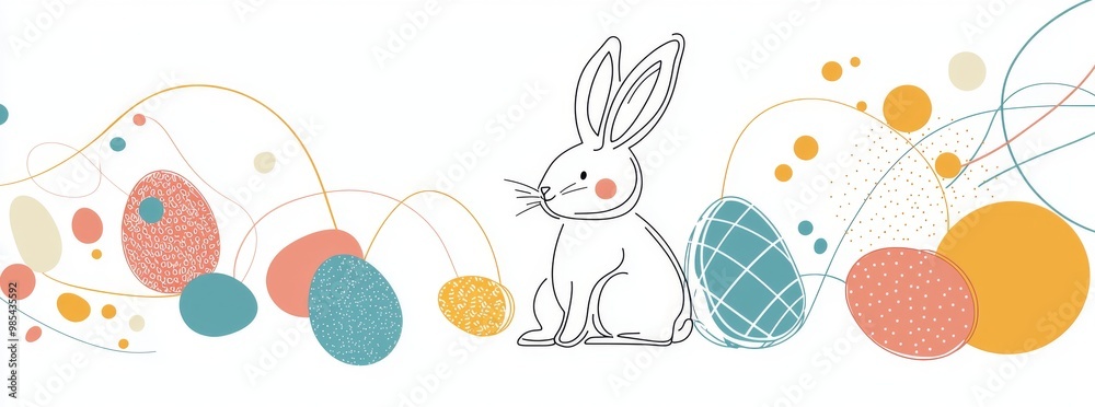 Wall mural a line drawing of easter eggs and a rabbit in a simple linear style. it can be edited for the stroke
