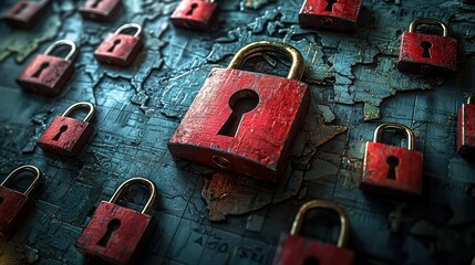 A world map covered in padlocks, each representing a different trade restriction, soft natural lighting, 3D render, top view.