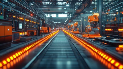 Futuristic Factory Assembly Line with Robots and Orange Lights