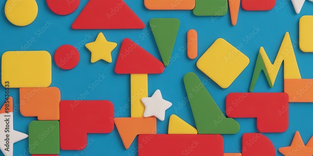 Poster A colorful image of blocks and shapes with the letters M and M on it