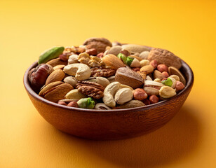 Dry Healthy organic Roasted mixed nuts in a white-bowl top view on white plain background. Healthy spices, nuts, seeds and herbal products.