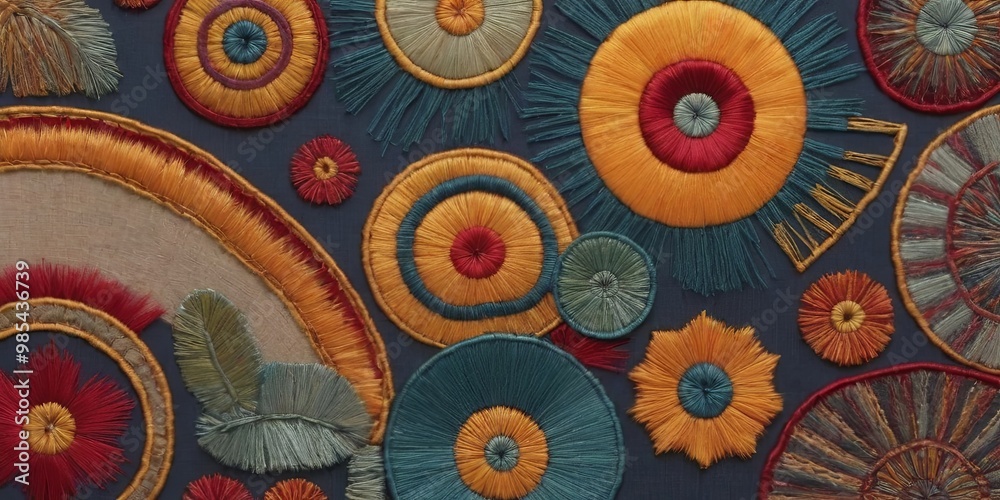 Poster a colorful embroidered design with many different shapes and colors