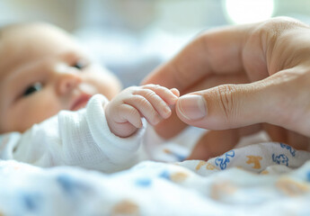 Tender moment of newborn baby's tiny hand grasping parent's finger, symbolizing the bond between generations and new life's fragility