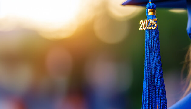 A close-up of a 2025 blue tassel hanging from a graduation cap, with a blurred golden sunset in the background, symbolizing achievement, growth, and future success