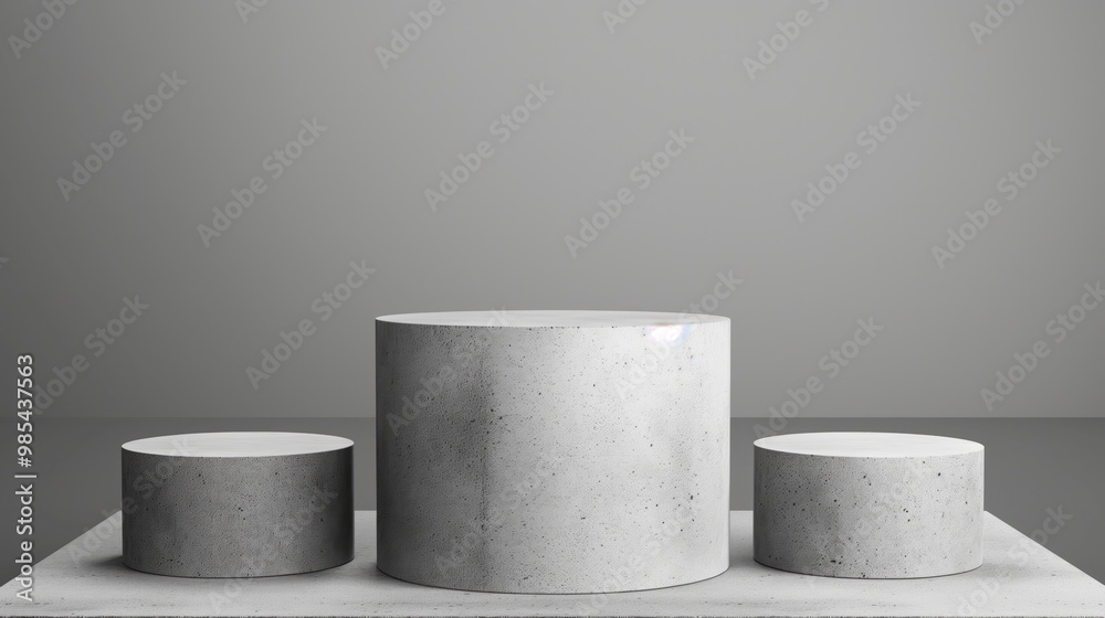 Aufkleber Minimalist podium design on gray background. Three-dimensional shape with concrete texture. Empty pedestal for product presentation. Modern and premium display stand.