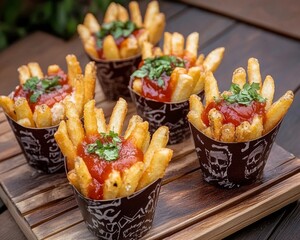 Creepy finger-shaped fries and gory red ketchup served at a haunted food stand during a spooky Halloween fair