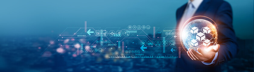 Blockchain. Businessman holds global blockchain technology with network connected to multiple parties and decentralized solution. Rapid development leading to transformative business opportunities.