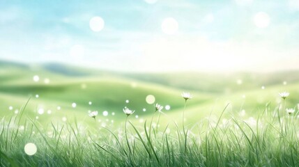 Obraz premium A serene landscape featuring gentle hills, lush green grass, and soft sunlight creating a tranquil, peaceful atmosphere.