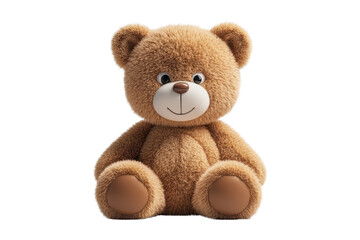 Cute plush teddy bear sitting, soft fur, friendly face, isolated on white background.