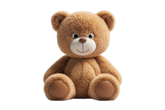Cute plush teddy bear sitting, soft fur, friendly face, isolated on white background.