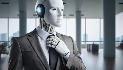A futuristic robot wearing a sharp business suit, standing in an elegantly designed office, embodying innovation and professionalism