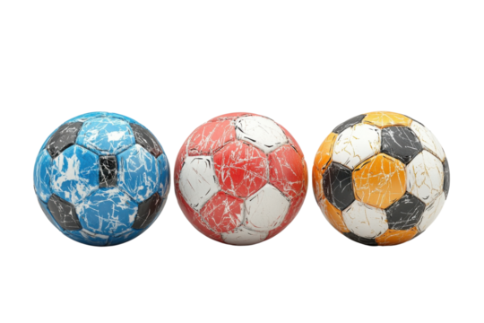 Three colorful soccer balls, blue, red, and yellow, on a white isolate background.