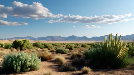 A desert landscape with a few bushes and a mountain in the background