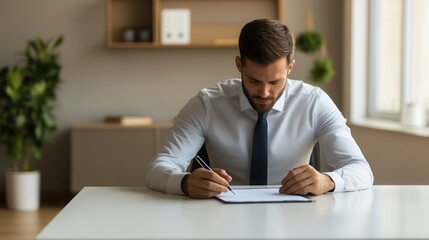 Fototapeta premium A focused business professional writing notes in a modern office, showcasing concentration and productivity.