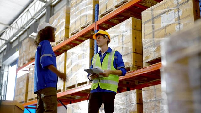 Smiling workers in distribution warehouse having a cheerful conversation. They wearing vest and safety helmet in work