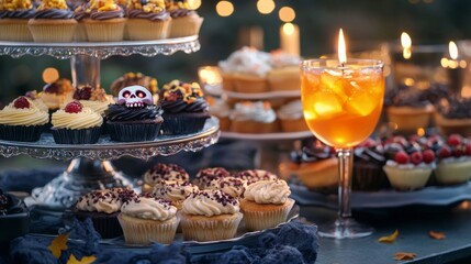 Eerie dessert buffet with gory brain cupcakes glowing witchs brew punch