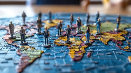 Miniature People on World Map   Global Business  Teamwork  and Connection Concept