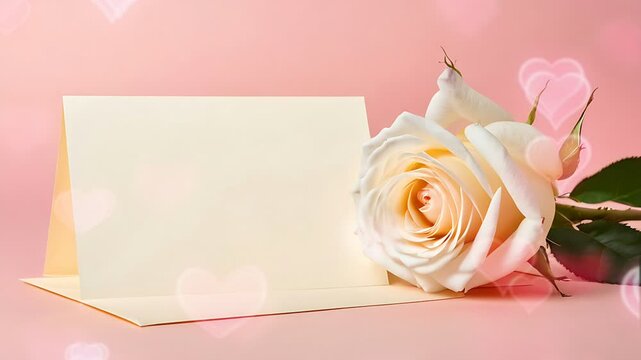 Blank Paper appear with rose on pastel pink theme for wedding, valentine, invitation, greeting. Looping video