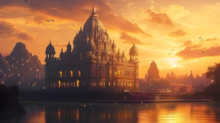 Obraz premium Wallpaper for puthandu with an majestic temple at dusk