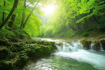 River flows through rich green forest with soft sunlight. Trees surround riverbank, creating serene atmosphere. Water flows gently, creating soothing sound. Green plants, sunlight blend together,