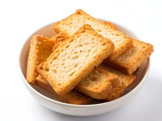crispy rusk on white, rusk in bowl
