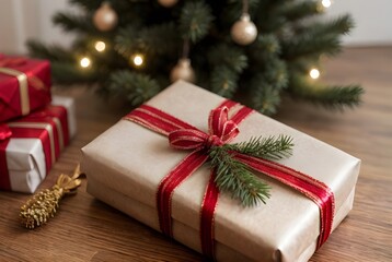リボンと包装紙でつつまれたクリスマスプレゼントがクリスマスツリーのそばに置いてある