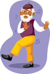 Funny Elderly Man Dancing on his Favorite Song Vector Cartoon. Enthusiastic grandpa moving with energy being active 
