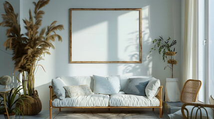 Japandi minimalist living room with frame mockup in white and blue tones. sofa, rattan furniture, and wallpaper