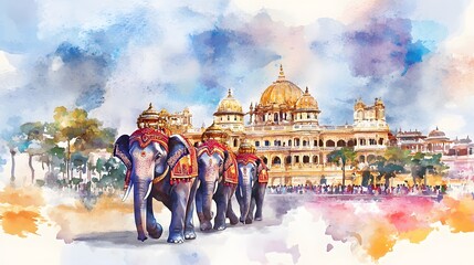 Watercolor illustration for mysore dasara with elephant and palace