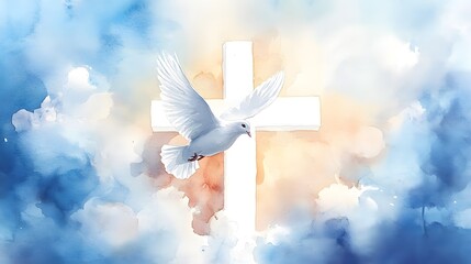 Watercolor illustration for whit monday with a white dove in flight against a a radiant white cross in clouds