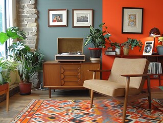 Retroinspired living room with midcentury furniture bold patterns and a vintage record player spinning vinyl