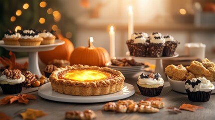 Naklejka premium Eerie Halloween feast with glowing pumpkin pie gory brain cupcakes