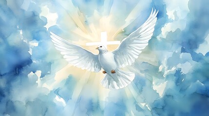 Watercolor illustration for whit monday with a white dove in flight against a a radiant white cross in clouds