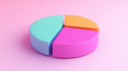3D pie chart with three segments in pastel blue, pink, and orange on a pink background.