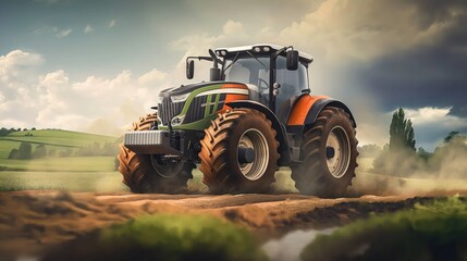 Fototapeta premium Rural farmland with agricultural tractor parked in center. Dusty field with machine, cloud. Country dirtied terrain with plowing equipment. Farmer work outdoors with agrarian land. Harvesting with