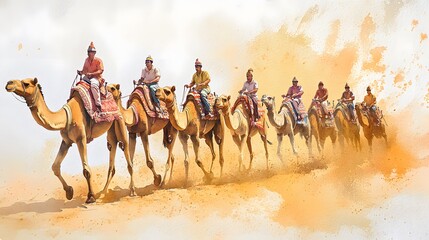 Watercolor illustration of a camel caravan with riders for jaisalmer desert celebration