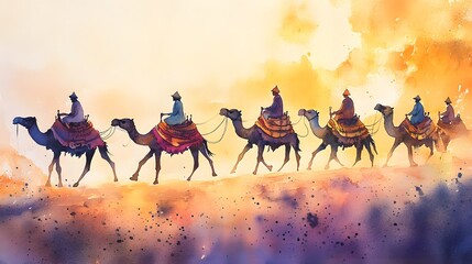 Watercolor illustration of a camel caravan with riders for jaisalmer desert celebration
