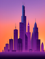 Obraz premium Flat illustration of a cityscape silhouette at sunset, with tall skyscrapers, a bright orange sky, and a dark purple horizon, creating a modern and sleek urban mobile wallpaper