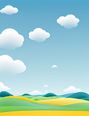 Obraz premium Minimal flat landscape featuring rolling green hills, a simple blue sky with a few white clouds, and a bright yellow sun, creating a cheerful and calming mobile wallpaper