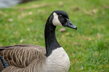 Fototapeta premium Cute Canada goose stands on green grass. Brown feathers, white beak, black neck. Close-up view of domestic wild bird. Feathered fowl with wings outstretched. Natural wildlife animal in park or farm.